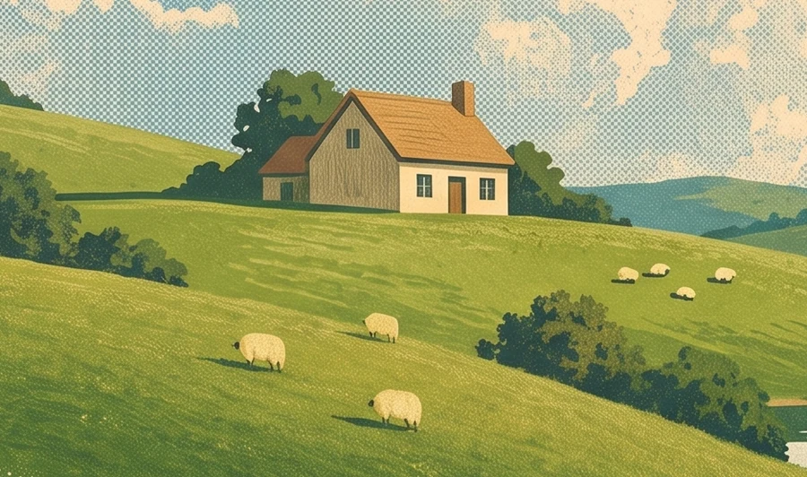 The farmhouse on its hill, with sheep grazing below.